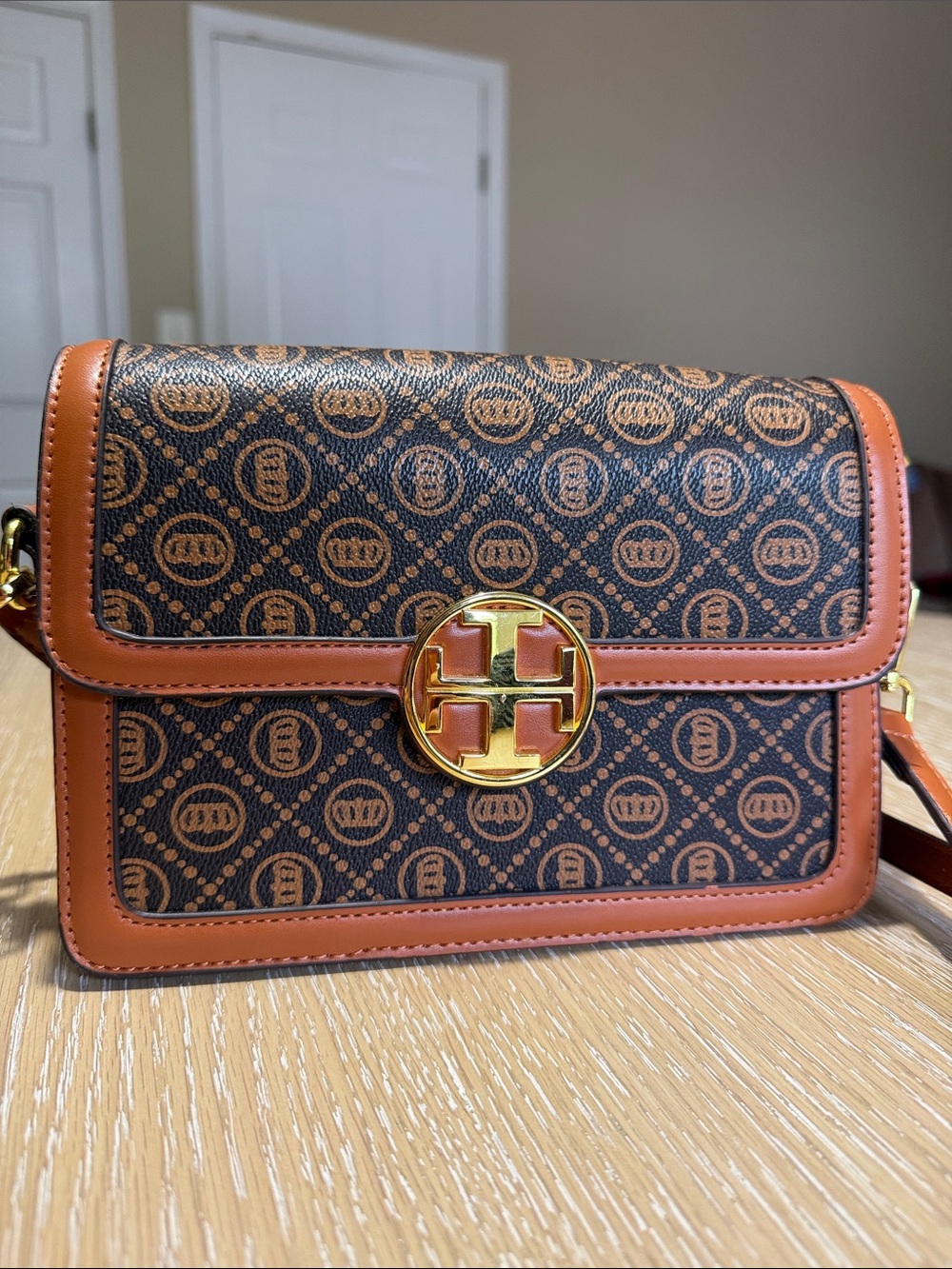 Monogram Crossbody Shoulder Bag in Brown and Tan